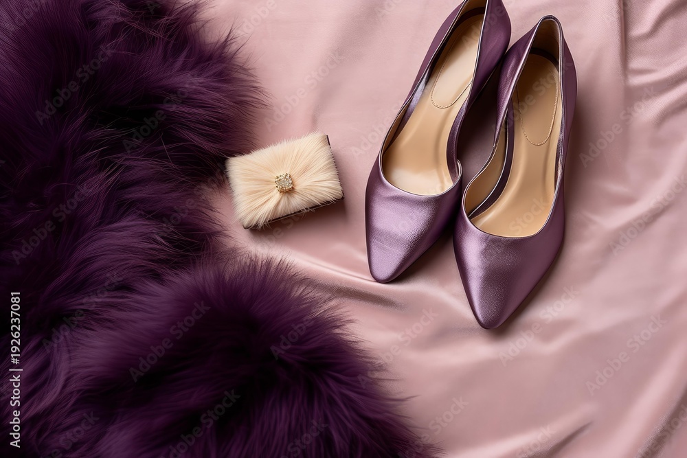 © nsit0108 - Elegant high heels, clutch, and fur creating a luxurious fashion statement on pink silk © nsit0108 - Elegant high heels, clutch, and fur creating a luxurious fashion statement on pink silk