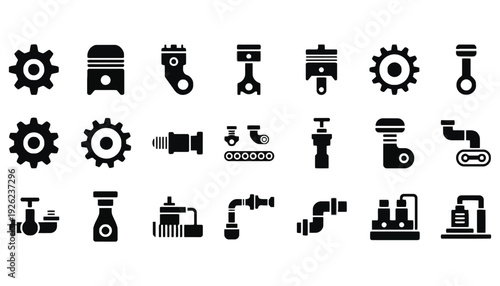 Industrial mechanical icons set including gears and pistons in black silhouette