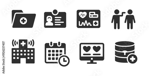 Set of Medical and Healthcare Icons Flat Style Vector Icons Representing Patient Records, ID Badge, Heart Monitoring, Hospital Infrastructure, Calendar, Bed Occupancy