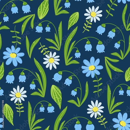 Seamless pattern with daisies and lilies of the valley. Cute hand drawn flowers. Vector illustration on dark background.