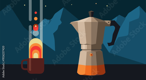 Cozy Mountain Evening Coffee Break Vector Illustration with Moka Pot and Warm Drink