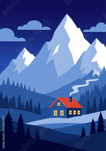 Serene Snowy Mountain Landscape Vector Illustration with Cozy Cabin and Forest