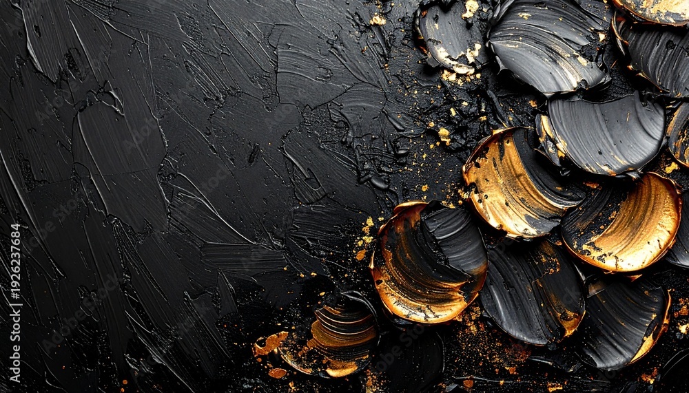 Obraz premium Sophisticated dark palette knife art featuring metallic golden flakes for high-end branding and creative decor backdrop