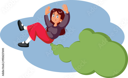Funny Woman Propelled by her own Farting Vector Illustration. Humorous character art of a woman taking flight with a cloud of gas 
