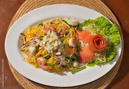 Chinese-styled fried noodle close up shot, Top view