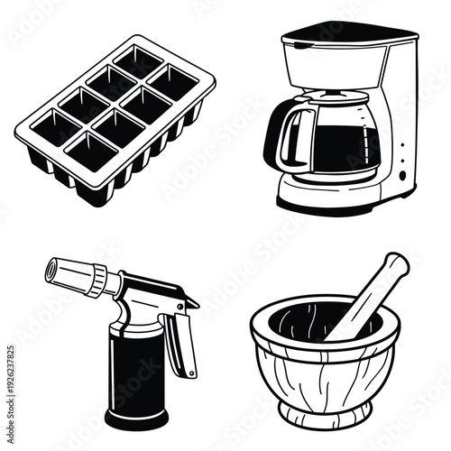 Coffee Maker, Ice Tray and Kitchen Utensils Line Art Set