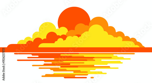 Vibrant Sunset Reflection Vector Illustration with Abstract Clouds Over Water