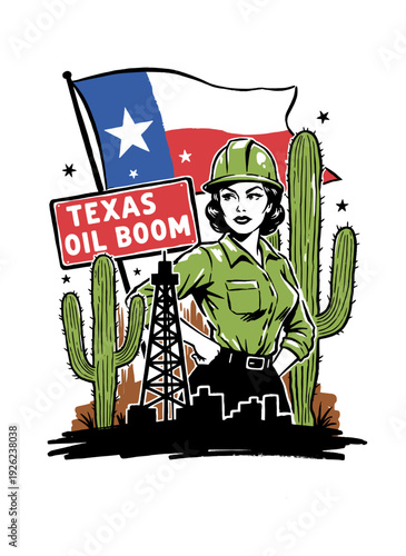 Fotografía Retro Texas Oil Boom vector illustration with confident female worker, flag, and oil derrick, ideal for t-shirt design and energy industry marketing