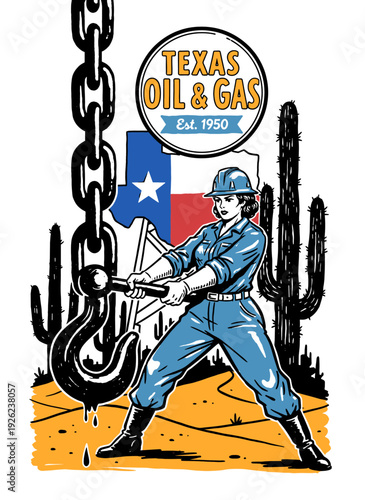 Retro Texas Oil & Gas female worker illustration with hard hat, vintage industrial design for energy industry logo or t-shirt.