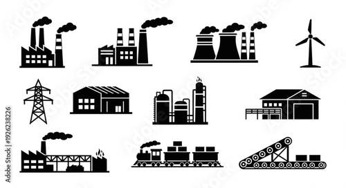 Industrial and manufacturing icons representing various aspects of production and energy.
