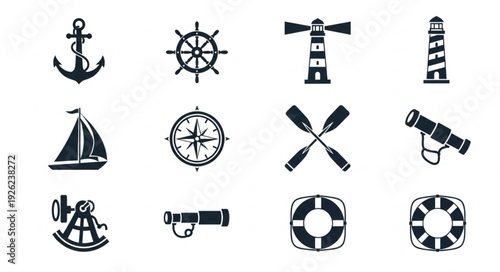 Nautical themed collection of various maritime symbols and icons in black and white style.
