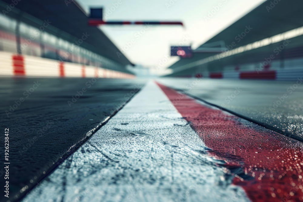 Naklejka premium Close up view of a wet asphalt racing track with red and white lines leading to the finish line, illuminated by sunlight