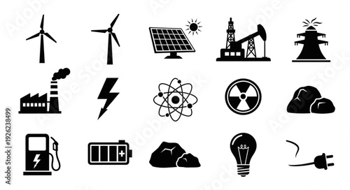 Energy sources and power generation icons representing various industries and technologies.