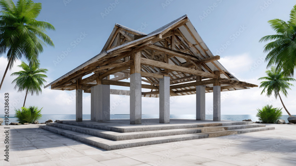 Obraz premium Tropical Pavilion Constructed from Teak and Limestone Surrounded by Palm Trees