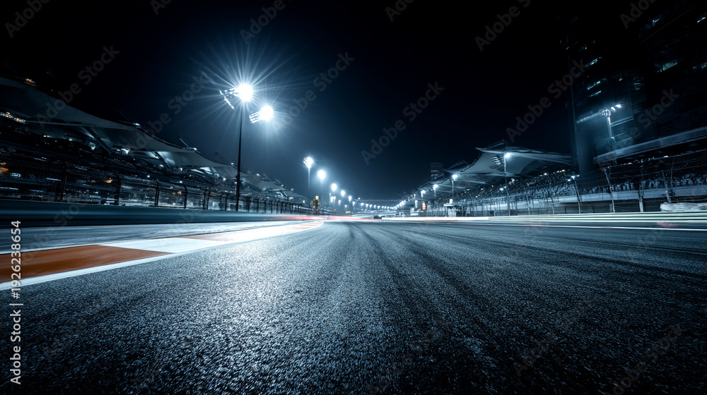 Fototapeta premium Nighttime view of a wet Formula 1 race track illuminated by bright stadium lights with motion blur.