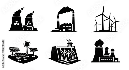 Energy Production Icons - Diverse Power Generation Sources Depicted in Black and White.