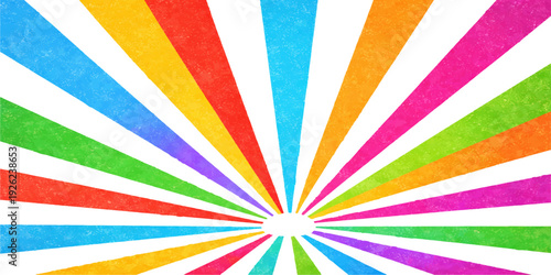 Abstract colorful rainbow background with a retro sunburst pattern and vintage grunge texture featuring vector art stripes and swirling light rays on an old paper backdrop illustration