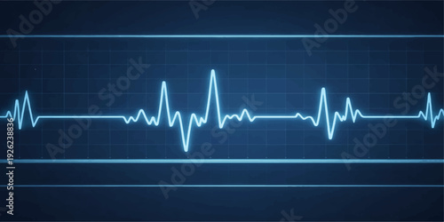 A medical blue healthcare monitor displays a healthy heartbeat pulse rate through a digital electrocardiogram EKG wave line and cardiology graph illustration on a hospital life technology chart