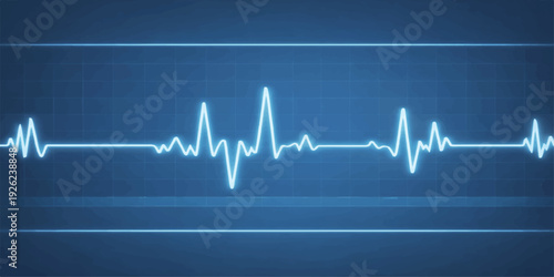 A blue medical digital monitor displays a healthy heartbeat pulse rate through a glowing electrocardiogram wave line on an EKG cardiogram chart representing cardiology technology and life