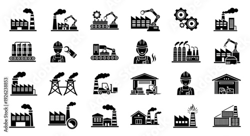 Industrial factory icons set representing manufacturing and production processes in various industries.