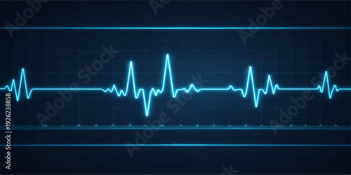 A medical EKG monitor displays a glowing green pulse rate wave on a digital cardiogram graph to track a patient's heartbeat health through advanced healthcare technology