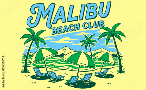 Malibu Beach Club. Endless summer artwork. Tropical vintage design. Surfing club artwork. Summer vibes artwork. Ocean wave artwork.