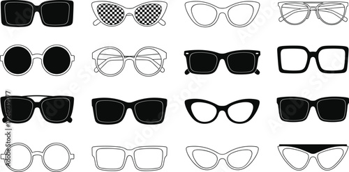 Vector collection of sunglasses and eyewear frames, featuring various styles like cat eye round and square shapes, isolated icons for fashion and summer design