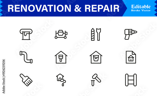 Professional Renovation And Repair Line Icon Set Featuring Modern Minimalist Design With Editable Pixel-Perfect Vector Icons For Construction And Home Improvement