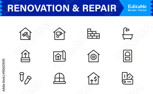 Professional Renovation And Repair Line Icon Set Featuring Modern Minimalist Design With Editable Pixel-Perfect Vector Icons For Construction And Home Improvement