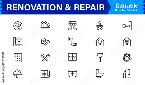 Professional Renovation And Repair Line Icon Set Featuring Modern Minimalist Design With Editable Pixel-Perfect Vector Icons For Construction And Home Improvement