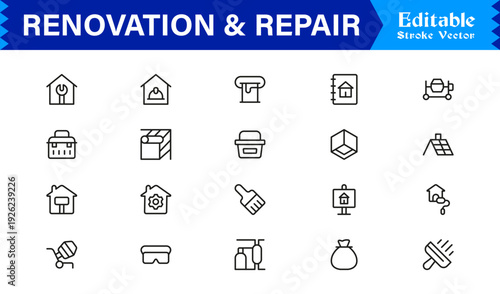 Professional Renovation And Repair Line Icon Set Featuring Modern Minimalist Design With Editable Pixel-Perfect Vector Icons For Construction And Home Improvement