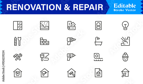 Professional Renovation And Repair Line Icon Set Featuring Modern Minimalist Design With Editable Pixel-Perfect Vector Icons For Construction And Home Improvement