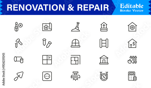 Professional Renovation And Repair Line Icon Set Featuring Modern Minimalist Design With Editable Pixel-Perfect Vector Icons For Construction And Home Improvement