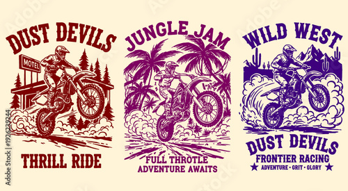 Motocross racing print designs for t-shirt, poster, sticker. Extreme off-road adventure. Legend race, road speed graphic, full throttle club artwork.