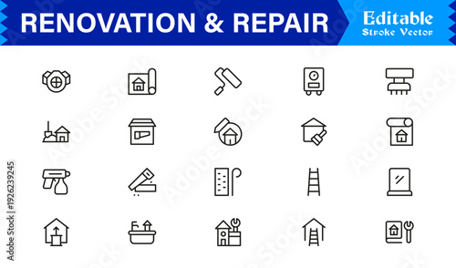Professional Renovation And Repair Line Icon Set Featuring Modern Minimalist Design With Editable Pixel-Perfect Vector Icons For Construction And Home Improvement