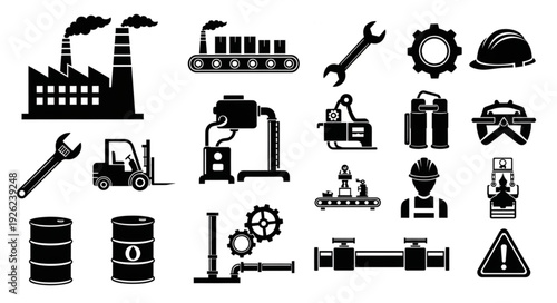 Industrial factory and manufacturing equipment icons in black and white.