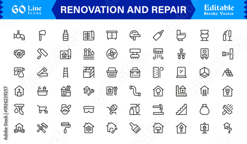 Professional Renovation And Repair Line Icon Set Featuring Modern Minimalist Design With Editable Pixel-Perfect Vector Icons For Construction And Home Improvement