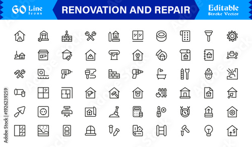 Professional Renovation And Repair Line Icon Set Featuring Modern Minimalist Design With Editable Pixel-Perfect Vector Icons For Construction And Home Improvement