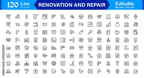 Professional Renovation And Repair Line Icon Set Featuring Modern Minimalist Design With Editable Pixel-Perfect Vector Icons For Construction And Home Improvement