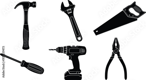 Hand tool silhouettes with hammer, wrench, saw, screwdriver, drill, pliers, construction repair vector illustration, DIY icons, hardware design elements for stock graphics