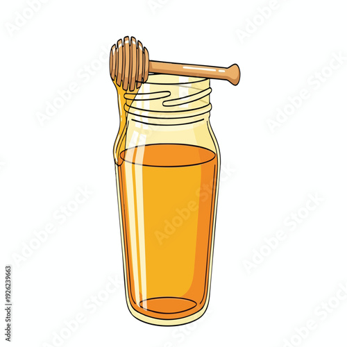 Honey Dripping from a Wooden Honey Dipper into a Glass Jar for Food and Cooking