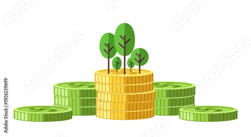 Money Growth Tree - Stacked Gold Coins with Green Saplings