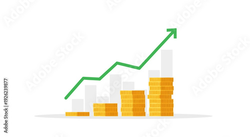 Financial growth chart with rising coins and upward arrow, business success and investment concept