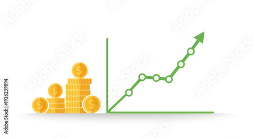 Financial Growth Chart with Stacked Coins, Upward Trend Arrow