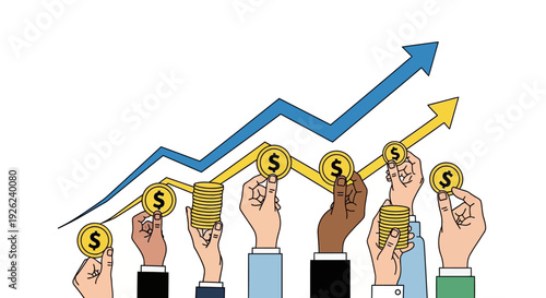 Hands holding coins with upward trending financial graph, concept of investment growth