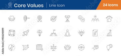 Core Values Outline Icons Set of 24. Integrity, Leadership, Trust Linear Editable Stroke Icons Vector 