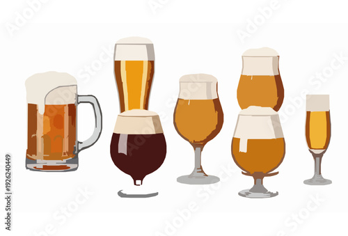 Realistic Assorted Beer Glass Collection Vector Isolated on White with Transparent Glass Detail