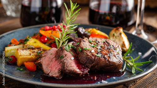 A delicious plate of sliced grilled meat with roasted vegetables and red wine