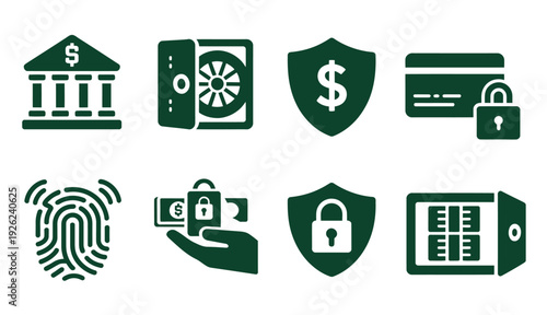 Set of Financial Security Icons Including Bank, Fingerprint, Shield Locks, Credit Card, Secure Payment, and Cash Vault, Vector Illustration
