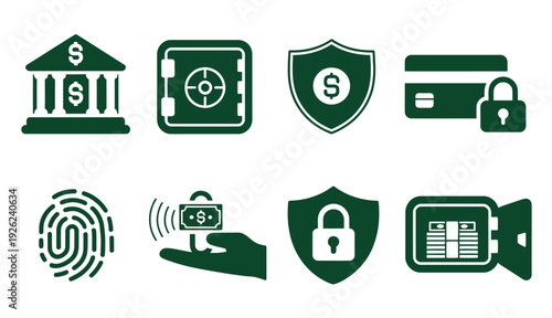 Set of Financial Security Icons Including Bank, Fingerprint, Shield Locks, Credit Card, Secure Payment, and Cash Vault, Vector Illustration